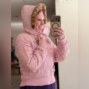 RARE Y2K bebe Pink Puffer Jacket with Fur Trim Hood Sequin Coat Medium Logo Top